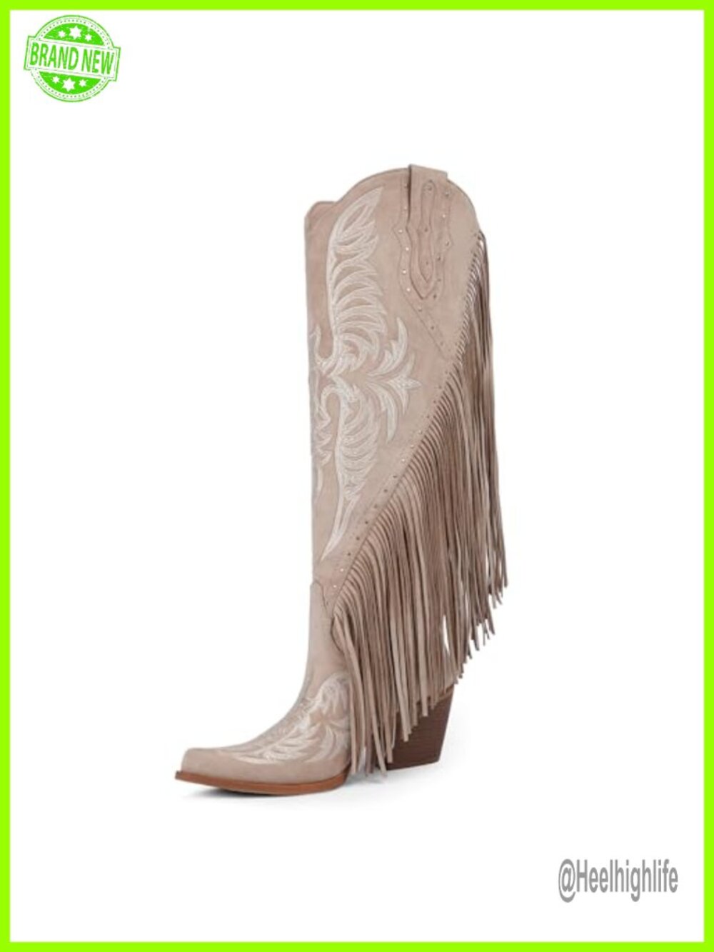 Faux Leather Studded Fringe Western Cowboy Knee High Boots